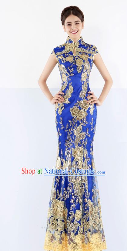 Chinese Traditional Embroidered Blue Mermaid Cheongsam Wedding Bride Compere Chorus Full Dress for Women