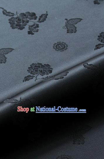 Asian Korean Traditional Black Brocade Fabric Classical Butterfly Peony Pattern Silk Fabric Hanbok Silk Material