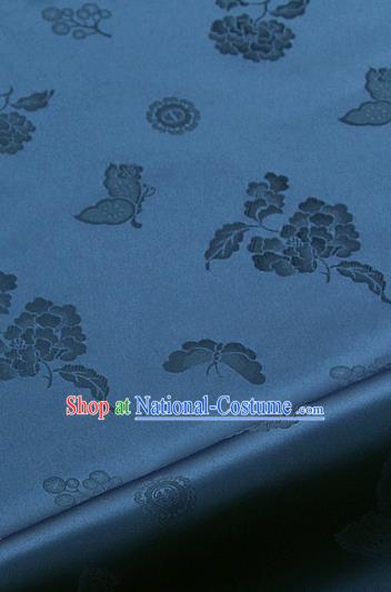 Asian Korean Traditional Navy Brocade Fabric Classical Butterfly Peony Pattern Silk Fabric Hanbok Silk Material