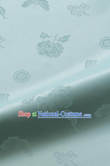 Asian Korean Traditional Light Blue Brocade Fabric Classical Butterfly Peony Pattern Silk Fabric Hanbok Silk Material