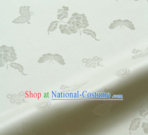 Asian Korean Traditional White Brocade Fabric Classical Butterfly Peony Pattern Silk Fabric Hanbok Silk Material