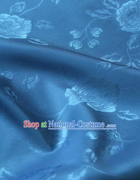 Asian Traditional Palace Drapery Korean Hanbok Royal Peony Pattern Blue Brocade Satin Fabric