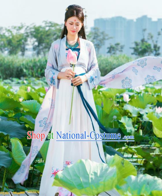 Chinese Traditional Tang Dynasty Historical Costumes Ancient Peri Nobility Lady White Hanfu Dress for Women