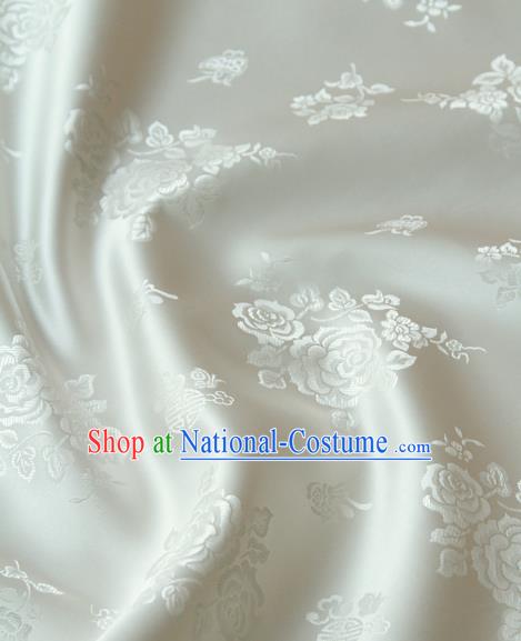 Asian Korean Classical White Brocade Traditional Palace Peony Pattern Satin Fabric Silk Fabric Material