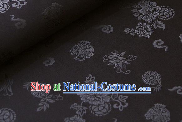 Asian Korean Classical Black Brocade Traditional Palace Peony Pattern Satin Fabric Silk Fabric Material