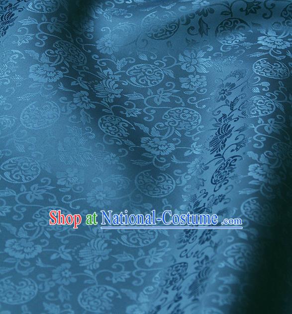 Traditional Asian Blue Satin Classical Pattern Drapery Korean Hanbok Palace Brocade Silk Fabric