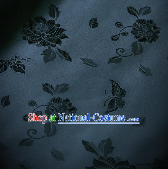 Traditional Asian Navy Brocade Classical Peony Pattern Drapery Korean Hanbok Palace Satin Silk Fabric