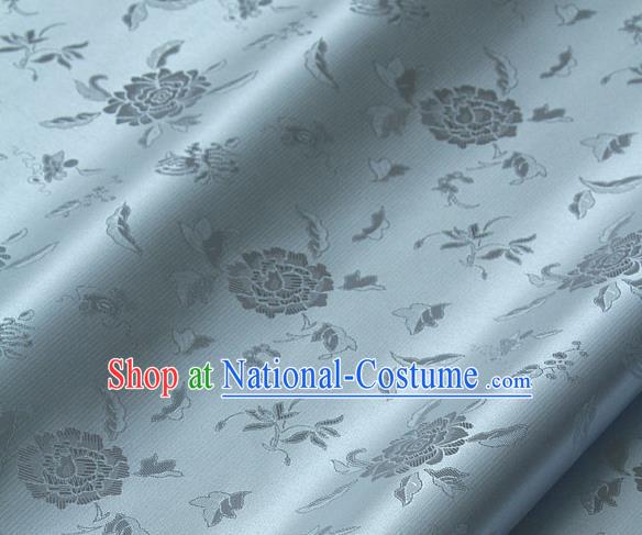 Traditional Asian Light Blue Brocade Classical Peony Pattern Drapery Korean Hanbok Palace Satin Silk Fabric