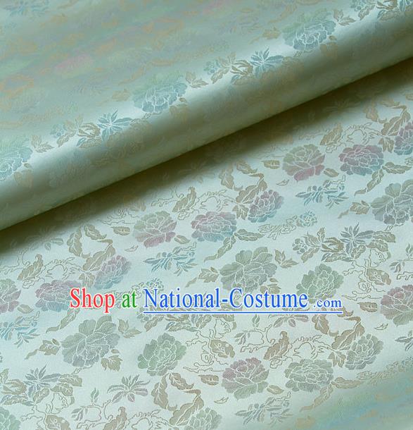 Traditional Asian Classical Peony Pattern Light Green Brocade Drapery Korean Hanbok Palace Satin Silk Fabric