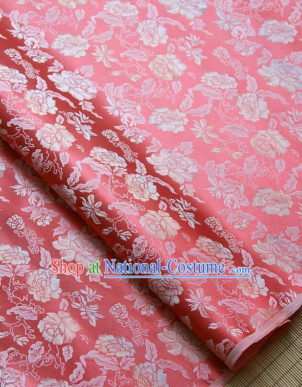 Traditional Asian Classical Peony Pattern Red Brocade Drapery Korean Hanbok Palace Satin Silk Fabric