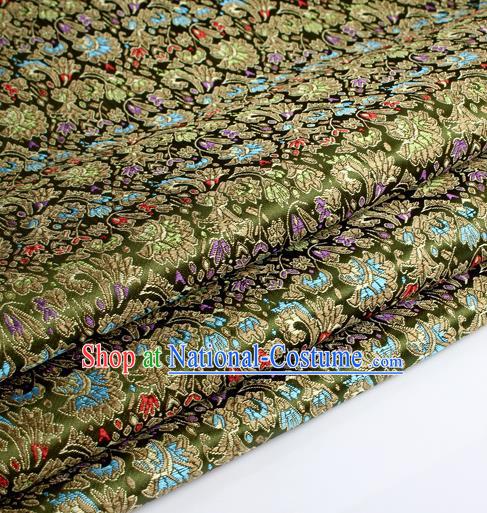 Chinese Traditional Olive Green Brocade Fabric Tang Suit Classical Cockscomb Flower Pattern Design Tang Suit Silk Material Satin Drapery