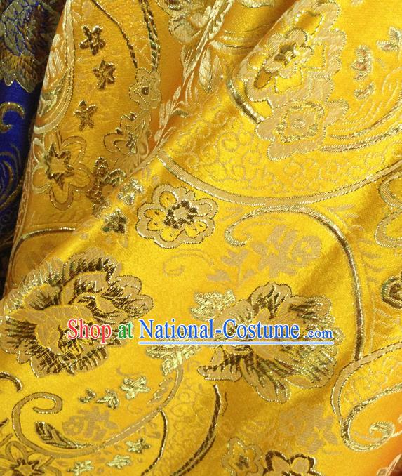 Chinese Traditional Yellow Brocade Fabric Tang Suit Classical Peony Flowers Pattern Design Silk Material Satin Drapery