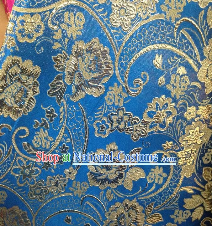 Chinese Traditional Blue Brocade Fabric Tang Suit Classical Peony Flowers Pattern Design Silk Material Satin Drapery