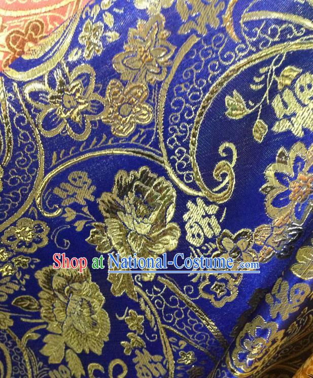 Chinese Traditional Royalblue Brocade Fabric Tang Suit Classical Peony Flowers Pattern Design Silk Material Satin Drapery