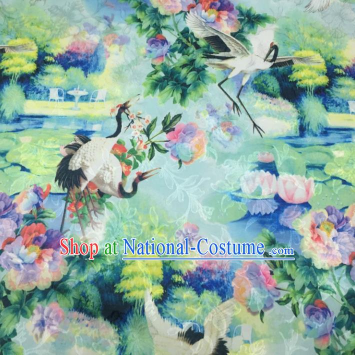 Chinese Traditional Apparel Fabric Green Printing Cranes Brocade Classical Pattern Design Silk Material Satin Drapery