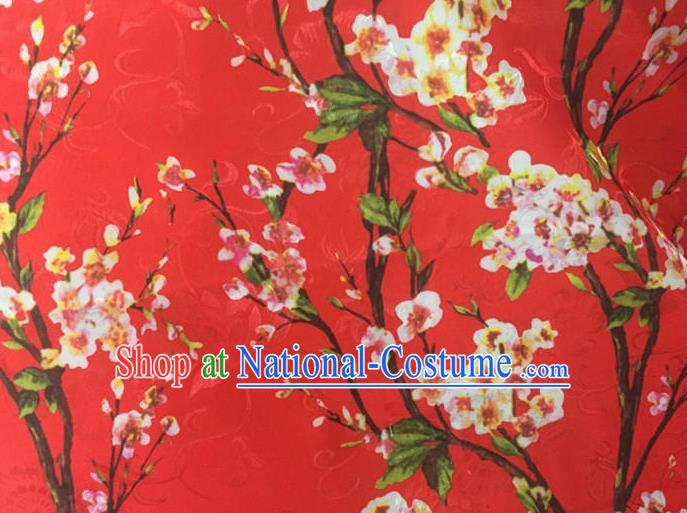 Chinese Traditional Apparel Fabric Printing Peach Blossom Red Brocade Classical Pattern Design Silk Material Satin Drapery