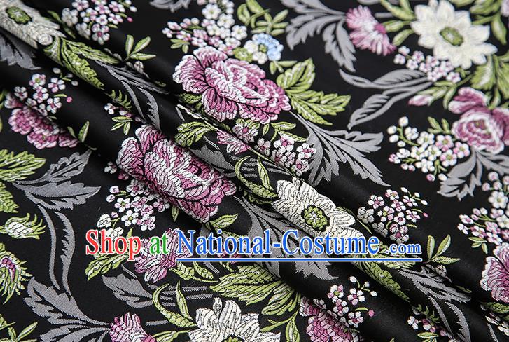 Chinese Traditional Bride Apparel Fabric Black Brocade Classical Peony Pattern Design Material Satin Drapery