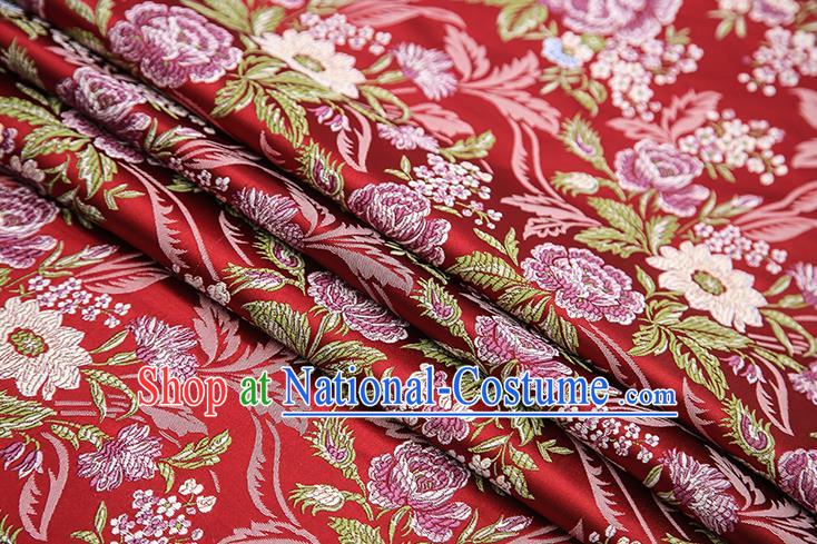 Chinese Traditional Bride Apparel Fabric Purplish Red Brocade Classical Peony Pattern Design Material Satin Drapery