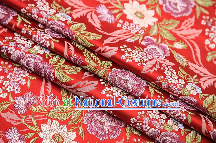 Chinese Traditional Bride Apparel Fabric Red Brocade Classical Peony Pattern Design Material Satin Drapery