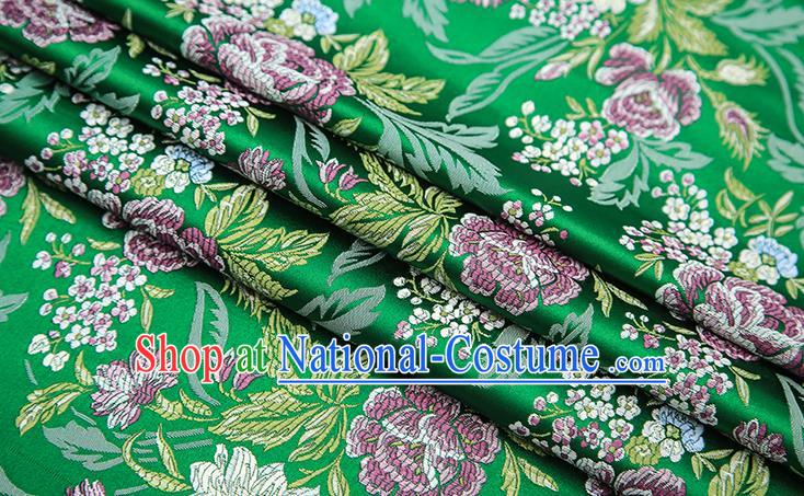 Chinese Traditional Bride Apparel Fabric Green Brocade Classical Peony Pattern Design Material Satin Drapery