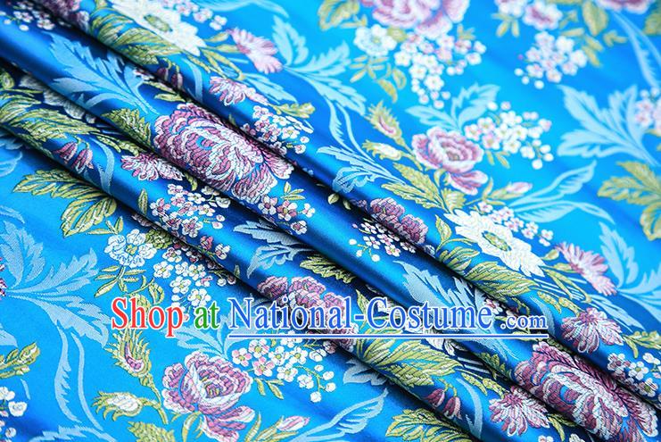 Chinese Traditional Bride Apparel Fabric Blue Brocade Classical Peony Pattern Design Material Satin Drapery