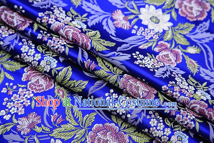 Chinese Traditional Bride Apparel Fabric Royalblue Brocade Classical Peony Pattern Design Material Satin Drapery