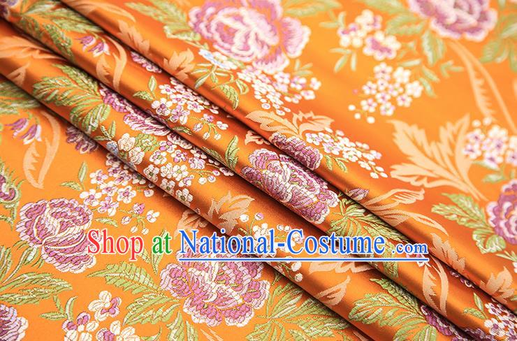 Chinese Traditional Bride Apparel Fabric Orange Brocade Classical Peony Pattern Design Material Satin Drapery