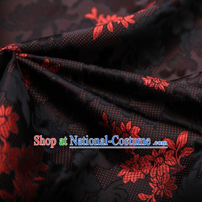 Chinese Traditional Apparel Black Brocade Fabric Classical Peony Chrysanthemum Pattern Design Material Satin Drapery