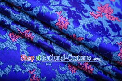 Chinese Traditional Apparel Royalblue Brocade Fabric Classical Peony Chrysanthemum Pattern Design Material Satin Drapery