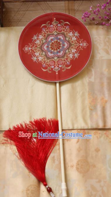 Chinese Ancient Palace Fans Hanfu Red Silk Round Fans for Women