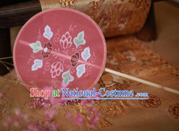 Chinese Ancient Handmade Palace Fans Traditional Hanfu Pink Silk Round Fans for Women