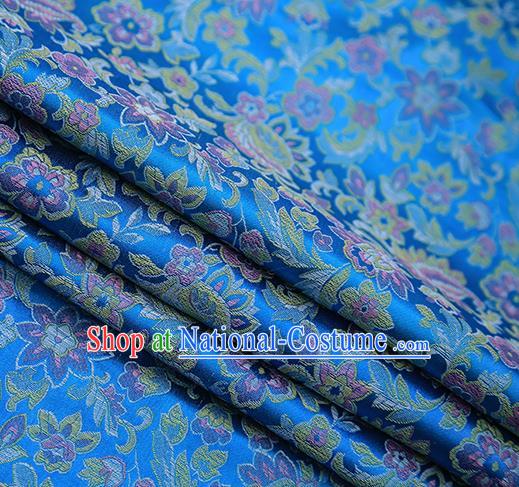 Chinese Traditional Apparel Blue Brocade Fabric Classical Pink Flowers Pattern Design Material Satin Drapery