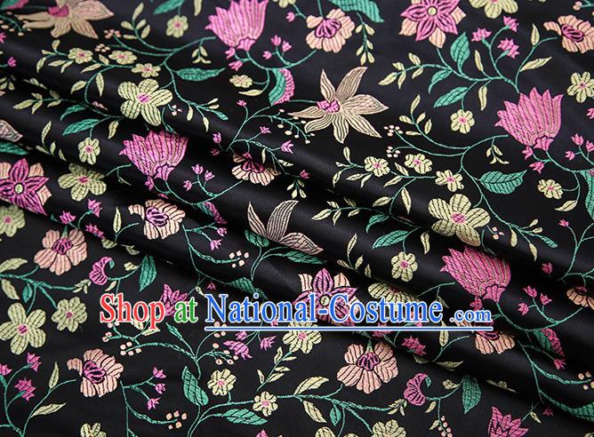 Traditional Chinese Black Satin Tang Suit Brocade Fabric Classical Flowers Pattern Design Silk Material Drapery