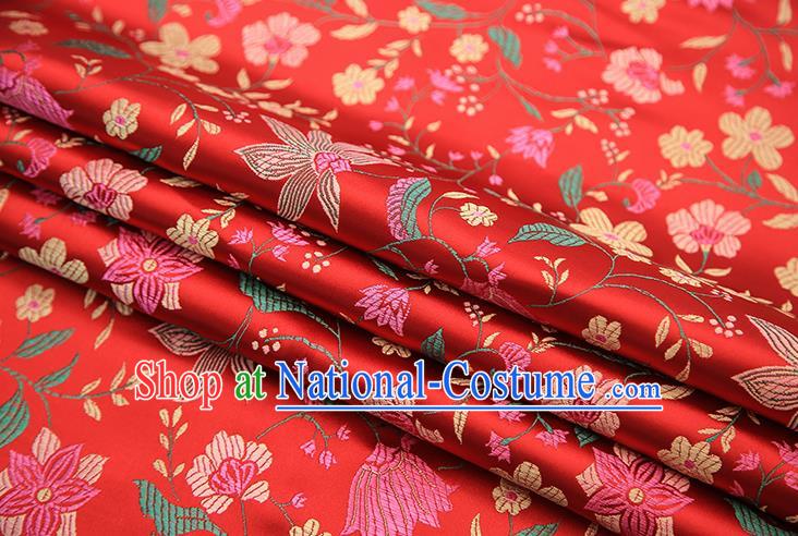 Traditional Chinese Red Satin Tang Suit Brocade Fabric Classical Flowers Pattern Design Silk Material Drapery