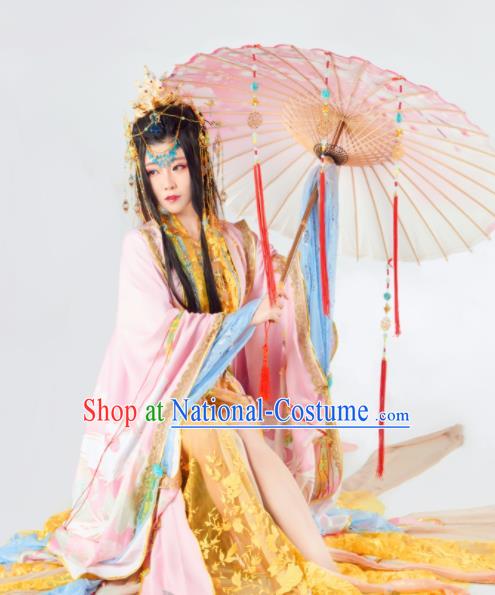 Asian Chinese Cosplay Peri Hanfu Dress Ancient Imperial Empress Embroidered Costumes and Headpiece Complete Set