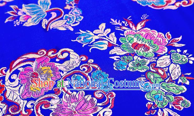 Chinese Traditional Royalblue Nanjing Brocade Satin Fabric Tang Suit Material Classical Peony Pattern Design Drapery