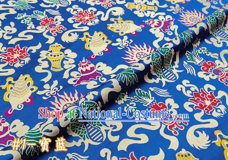 Chinese Traditional Blue Nanjing Brocade Satin Fabric Tang Suit Material Classical Double Fishes Pattern Design Drapery