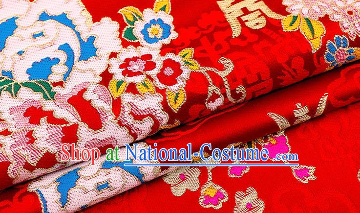 Chinese Traditional Red Nanjing Brocade Satin Fabric Tang Suit Material Classical Longevity Peony Pattern Design Drapery