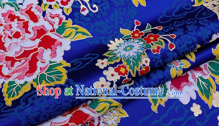 Chinese Traditional Royalblue Nanjing Brocade Satin Fabric Tang Suit Material Classical Longevity Peony Pattern Design Drapery