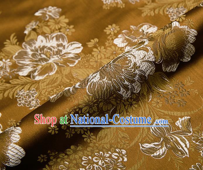 Chinese Traditional Golden Satin Classical Peony Pattern Design Brocade Fabric Tang Suit Material Drapery