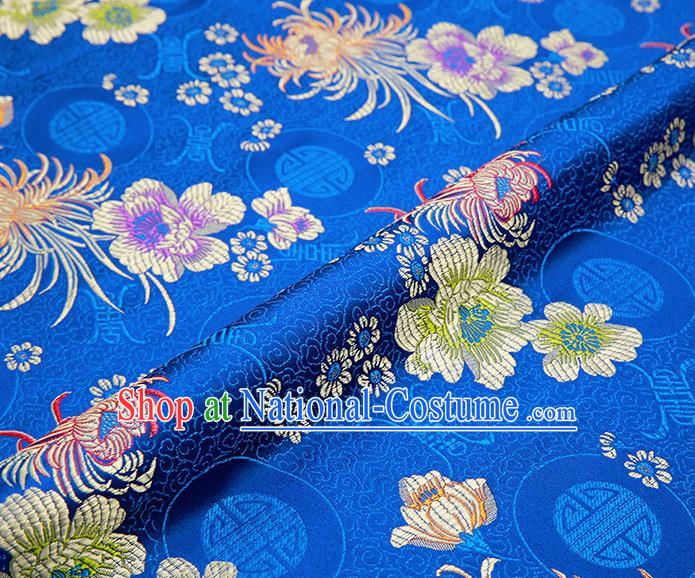 Chinese Traditional Blue Satin Classical Chrysanthemum Peony Pattern Design Brocade Fabric Tang Suit Material Drapery