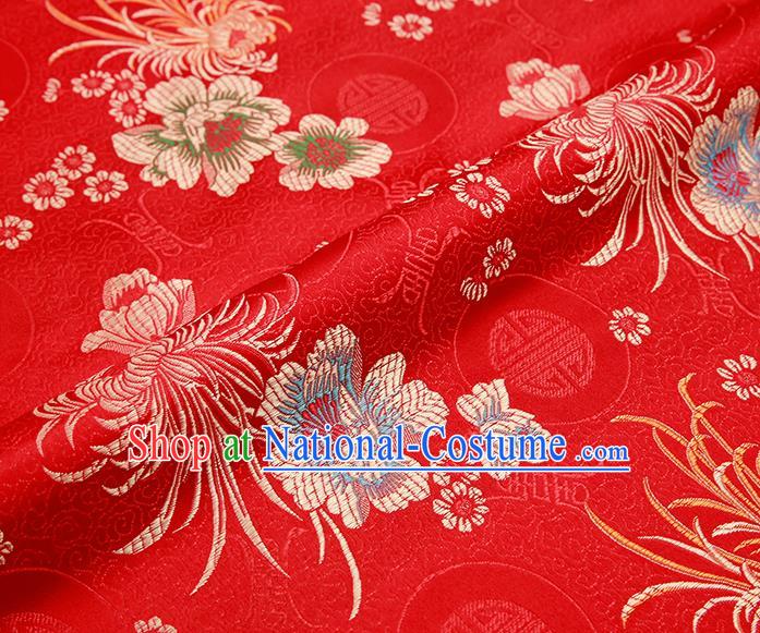 Chinese Traditional Red Satin Classical Chrysanthemum Peony Pattern Design Brocade Fabric Tang Suit Material Drapery