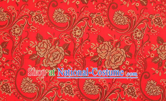 Chinese Traditional Red Satin Classical Peony Pattern Design Brocade Fabric Tang Suit Material Drapery