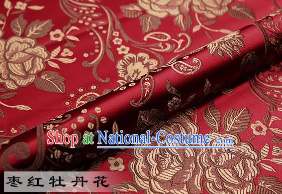 Chinese Traditional Wine Red Satin Classical Peony Pattern Design Brocade Fabric Tang Suit Material Drapery