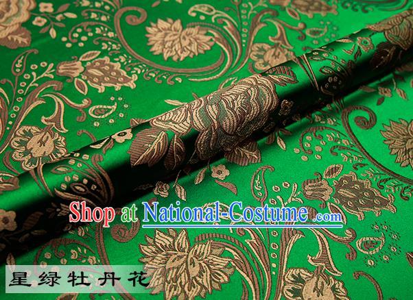 Chinese Traditional Green Satin Classical Peony Pattern Design Brocade Fabric Tang Suit Material Drapery