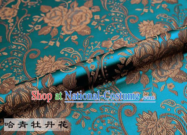 Chinese Traditional Blue Satin Classical Peony Pattern Design Brocade Fabric Tang Suit Material Drapery