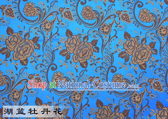 Chinese Traditional Light Blue Satin Classical Peony Pattern Design Brocade Fabric Tang Suit Material Drapery