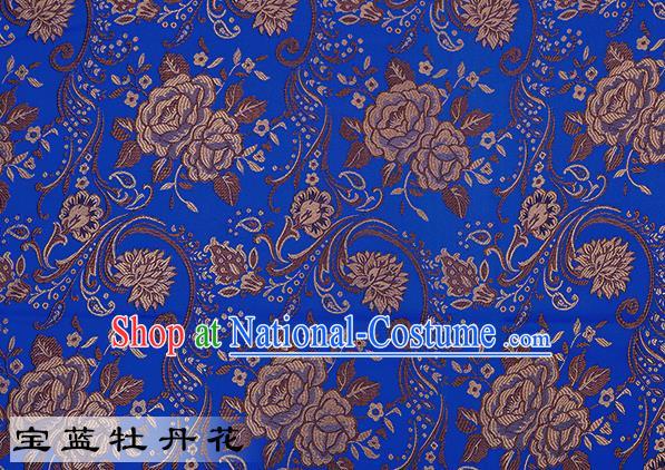 Chinese Traditional Deep Blue Satin Classical Peony Pattern Design Brocade Fabric Tang Suit Material Drapery