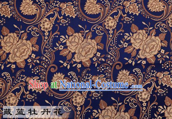 Chinese Traditional Navy Satin Classical Peony Pattern Design Brocade Fabric Tang Suit Material Drapery