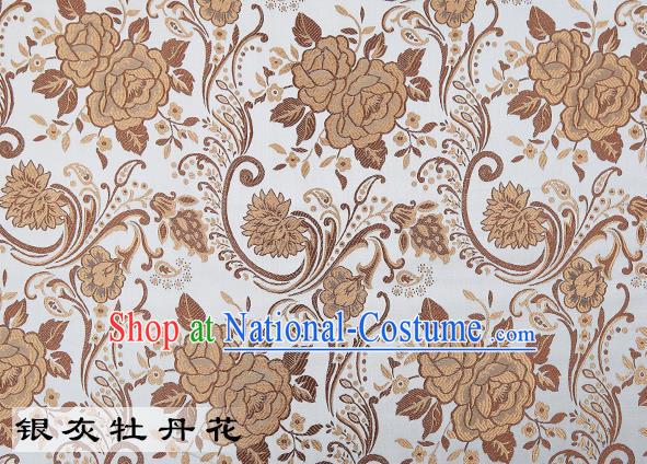 Chinese Traditional White Satin Classical Peony Pattern Design Brocade Fabric Tang Suit Material Drapery